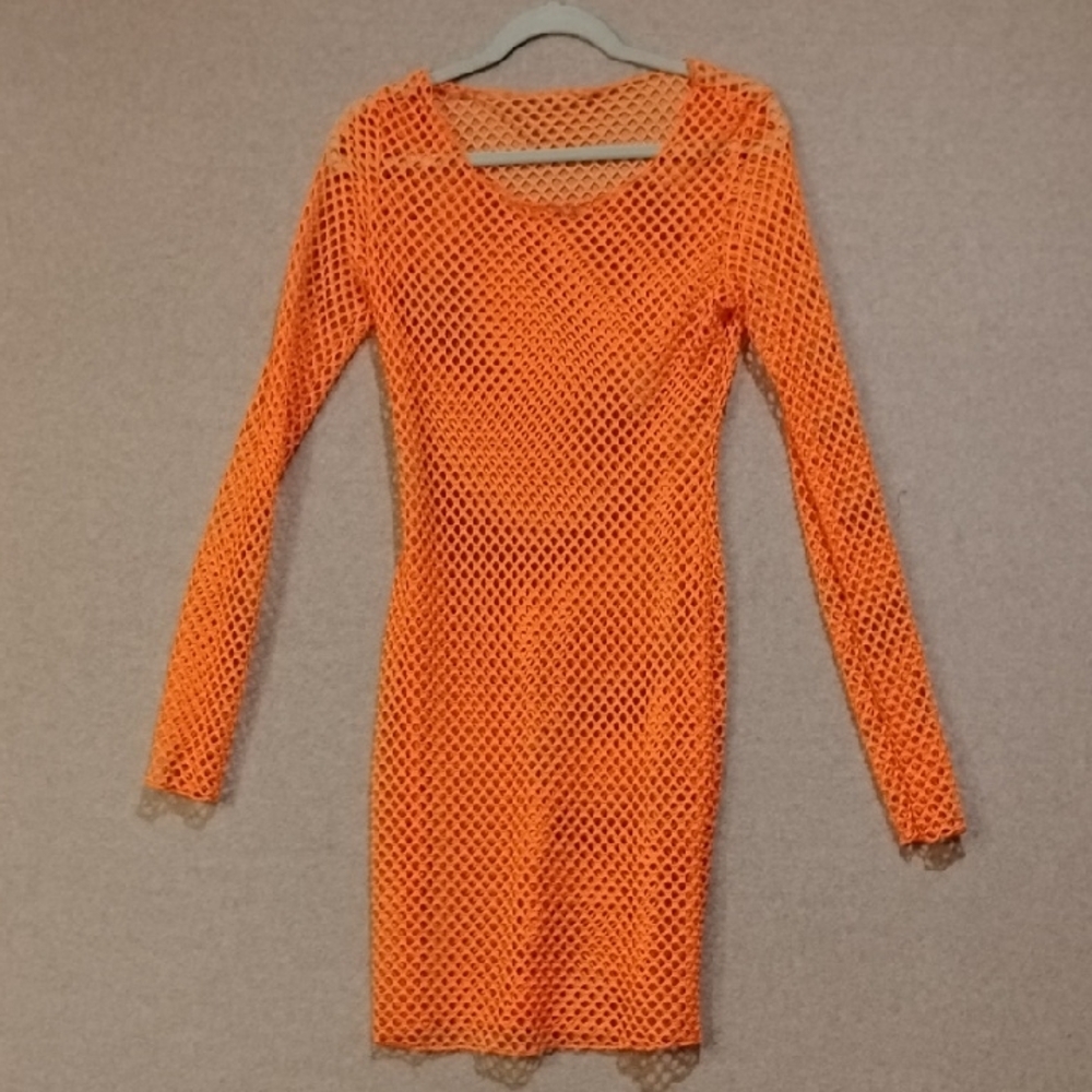 Orange Mesh Long Sleeve Dress